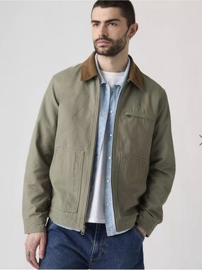 Levi's Olive Green Utility Workwear Jacket with Brown Corduroy Collar - Size M